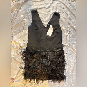 Black V-Neck Feather Trim Cocktail Dress